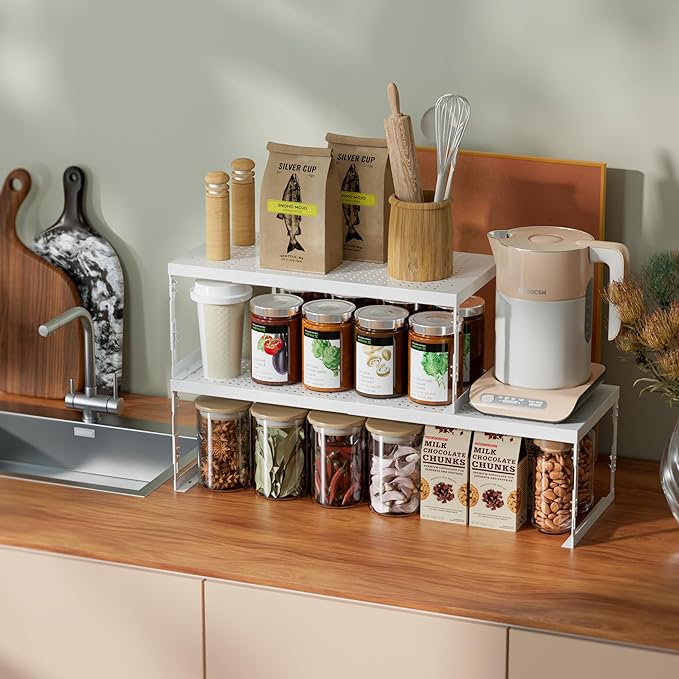Adjustable Stackable Metal Storage Shelf Organizer - Expandable Wire Rack with Perforations for Kitchen, Pantry, Bathroom, Cabinet & Office-Compact, Durable & Sturdy (2PACKS/Medium/White)