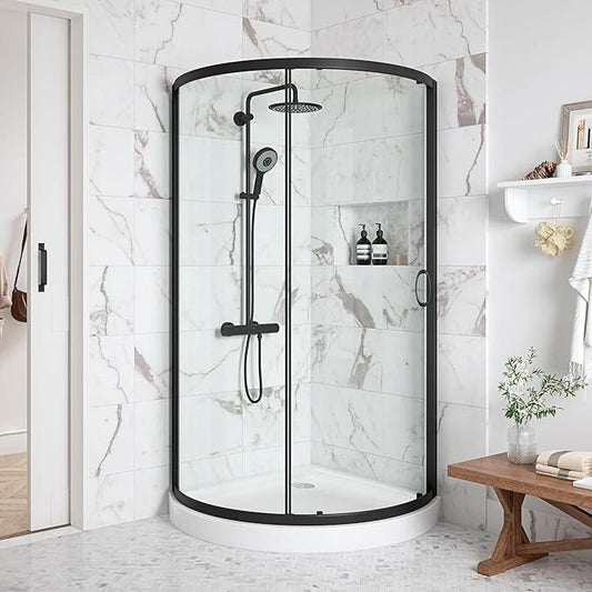 OVE Decors Breeze 34 in. Corner Shower Clear Sliding Door with Base in Black Finish