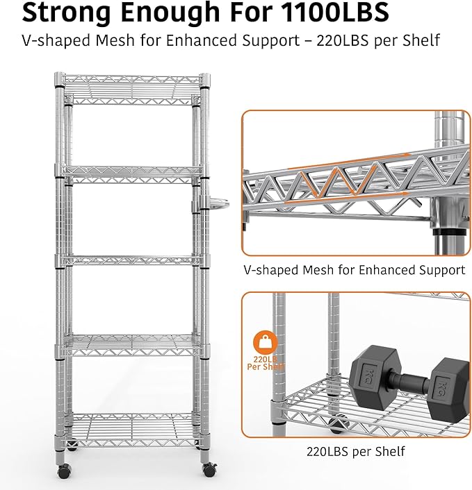 5-Tier Storage Shelves with Wheels and Adjustable Shelf, Heavy Duty Metal Shelving Unit Wire Rack Rolling Storage Shelving for Pantry Kitchen Garage Bedroom, 61" H x 23.6" W x 11.8" D