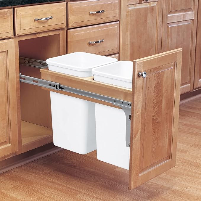 Rev-A-Shelf Top Mount Double Pullout Under Cabinet 27 Quart Kitchen Trash Cans with 150 Pound Rated Full-Extension Slides, 4WCTM-15DM2