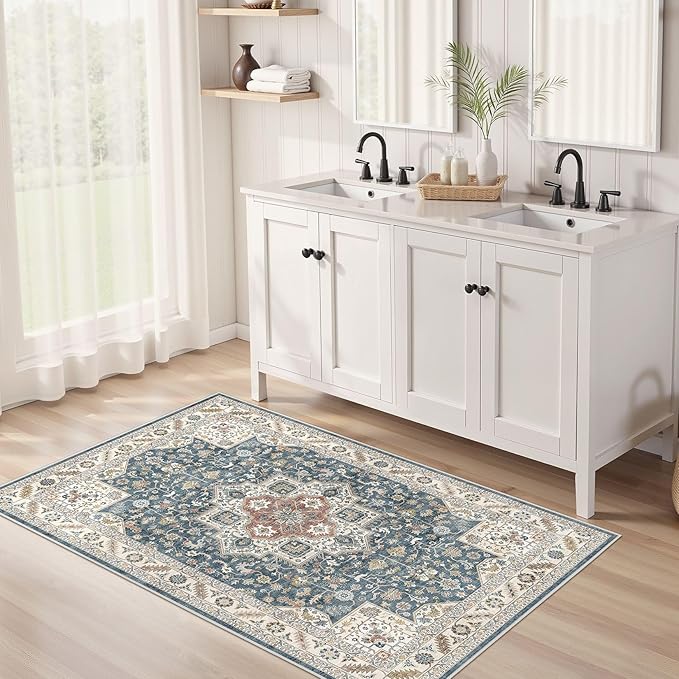Vintage Living Room Area Rug 3x5 - Large Soft Washable Oriental Traditional Distressed Farmhouse Rugs for Bedroom - Indoor Floor Accent Carpet for Home Office House Decor - Blue