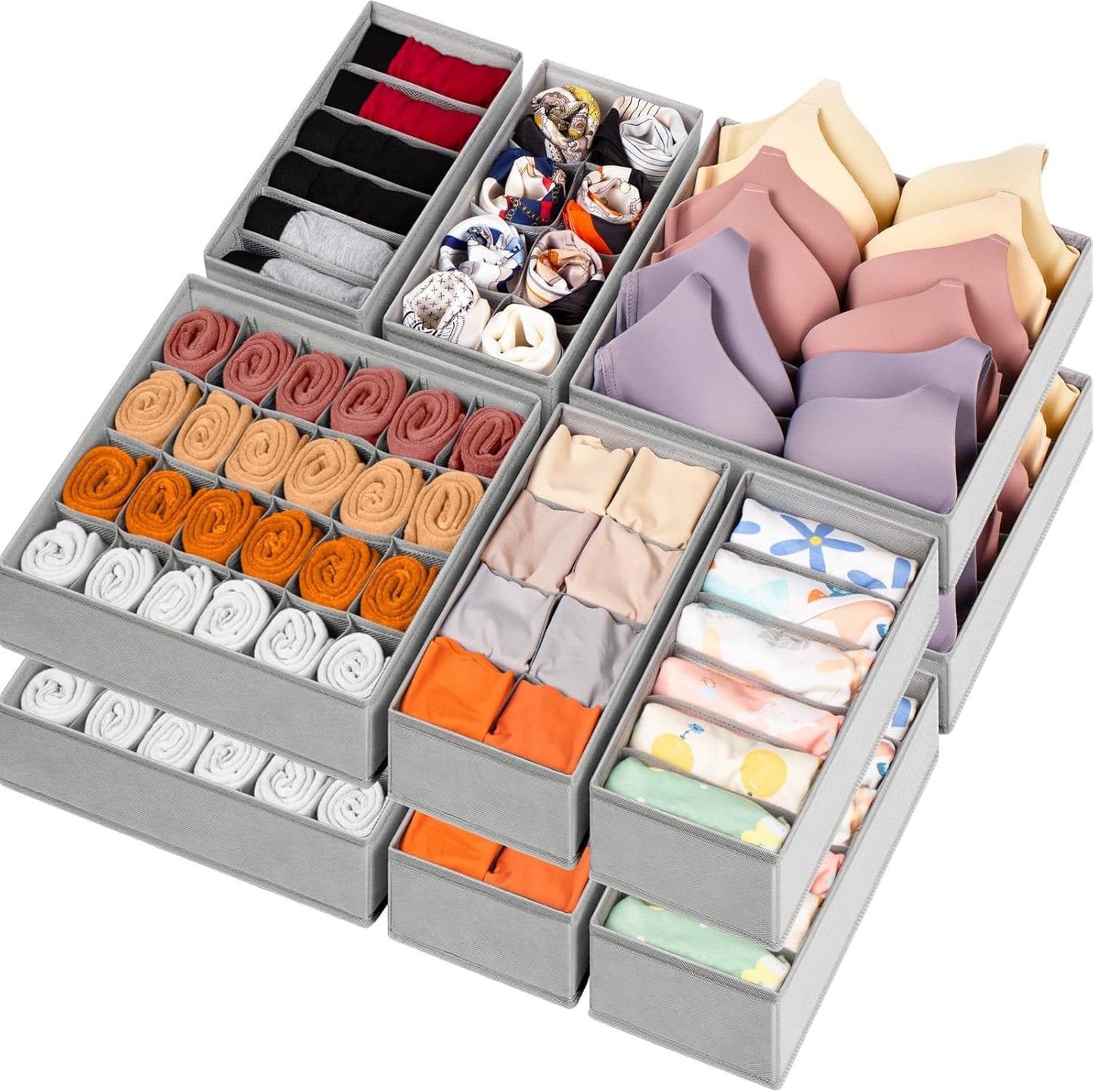 16 Pack Sock & Underwear Drawer Organizer — 96 Cells Foldable Fabric Dresser Divider Bins for Nursery, Baby Clothes & Bedroom Storage