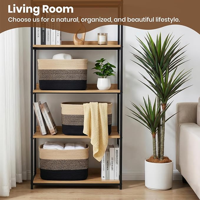 Storage Baskets for Organizing, 14 x 10 x 9” Closet Shelf Woven Baskets, Square Bins with Handles, Cotton Rope Basket for Toys, Clothes, Office, Room, Black+Brown 4 Pack