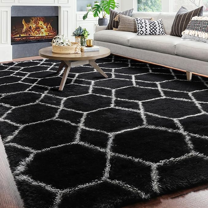ONASAR 7x9 Area Rugs for Living Room Bedroom, Large Fluffy Black and White Throw Rug, Geometric Soft Plush Shaggy Indoor Floor Carpet for Nursery Kids Girls Boys Teen Dorm Home Decor Aesthetic