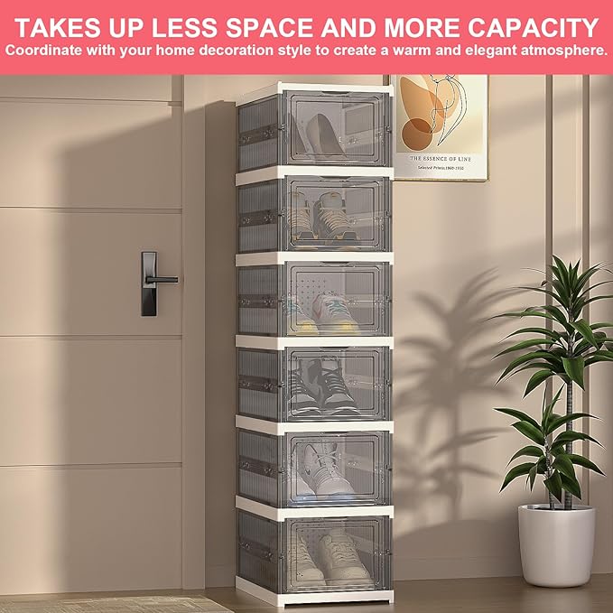 Foldable Shoe Storage Organizer, Stackable Boxes for Closet, Foldable Space-Saving Shoe Rack for Sneaker Boot Container, Acrylic Shoe Cabinet Shoe Box（6 Pack, Black