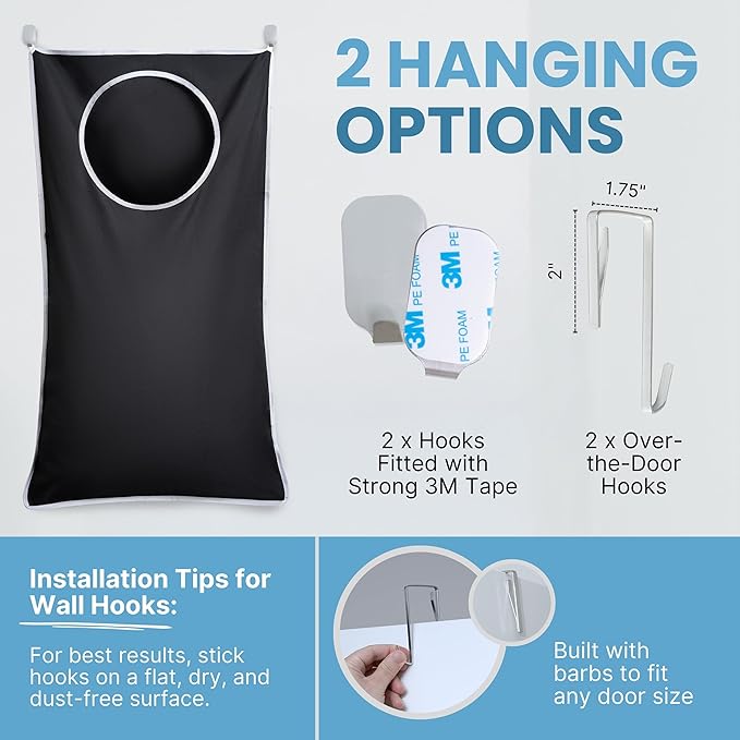 Hanging Laundry Hamper Bag XL 40x22", Space Saving over the Door Storage Bags, Behind the Door Hampers for Dirty Clothes & Wall Mounted Basket for Bathroom (2, Black)