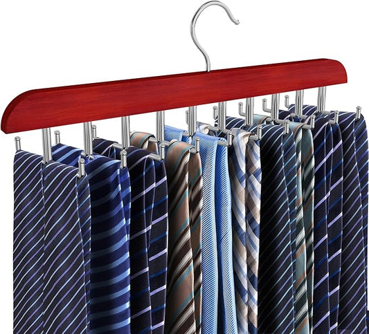 Tie Rack Hanger for Closet, 2 in 1 Belt Tie Hangers with 20 Folding Hooks, 360 Degree Rotating Wooden Tie Holder Organizer for Men Ties Belts Scarves Tank Tops Accessories, Walnut (1 Pack)