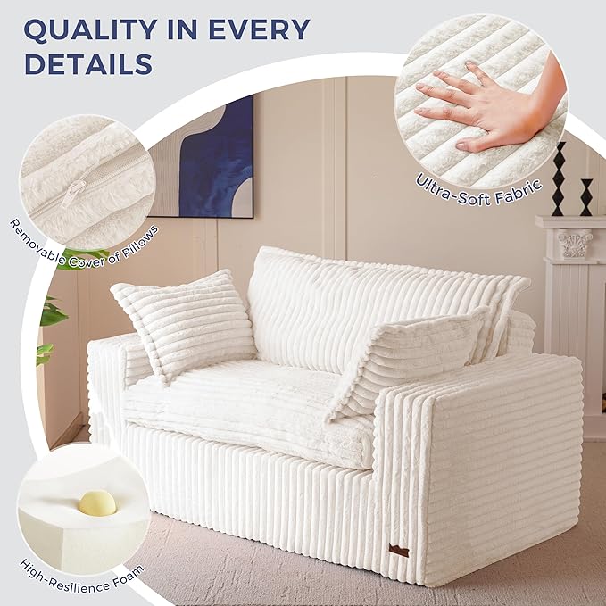 MAXYOYO 59" Bean Bag Sofa Couch, Loveseat Boneless Couch in a Box, Upholstered Small Mini Sofa with Deep Seating for Living Room Bedroom Office Apartment, No Assembly, Beige