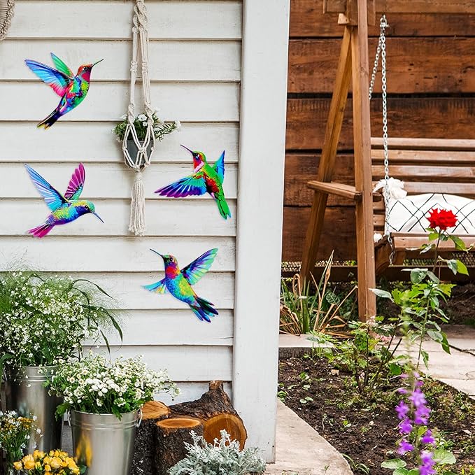 4 Pcs Metal Wall Art, Wall Decor for Bedroom, Rustic Hummingbirds Hanging Decorations for Garden Living Room Balcony Patio Fence Indoor Outdoor, 8.66L x 8.26W