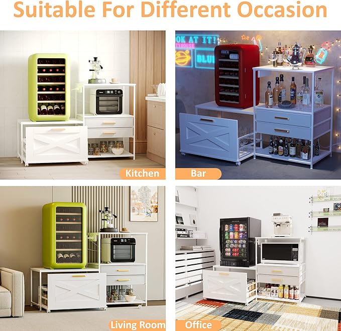 Mini Fridge Stand with Storage, Farmhouse Fridge Cabinet with Power Outlet & Movable Drawers, Microwave Oven Stand with Wheels, Kitchen Bakers Rack for Home Bar Office, White