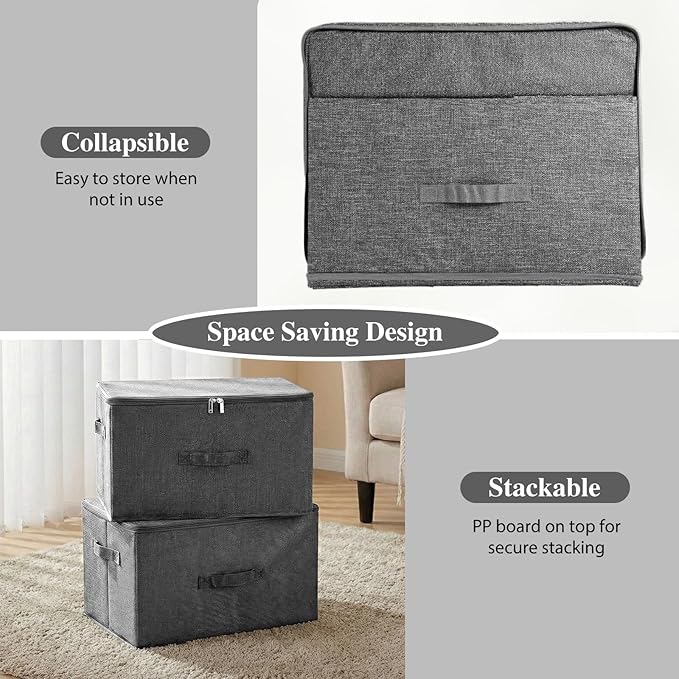 ANMINY 3PCS Storage Bins with Zipper Lids 36 Qt Lidded Fabric Storage Boxes Baskets Cubes with Handles Collapsible Washable Cotton Linen Closet Shelf Clothes Organizer Containers - Gray, Large