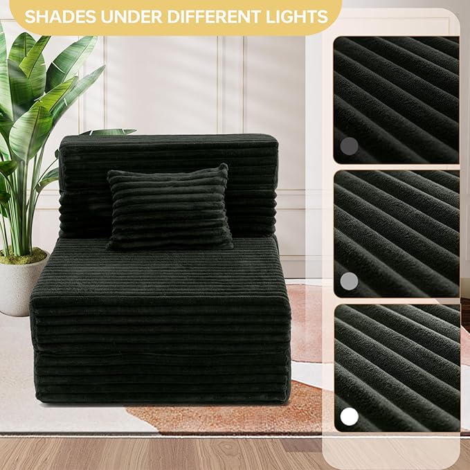 Folding Sofa Bed Single, Convertible Futon Chair Bed with Pillow, Folding Sofa Sleeper Chair, Comfortable Foam Floor Couch for Living Room, Bedroom, Dorm, Guest Room, Charcoal Moss Grey