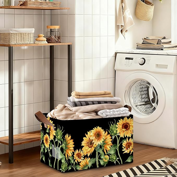 Storage Bin with Handles, Sunflowers Collapsible Laundry Baskets for Books, Laundry - Use in Nursery, Closet Organizers and Storage, Blanket Basket
