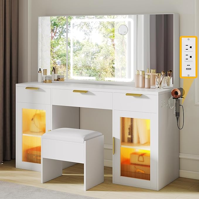 DWVO 56" Vanity Table Set with Tri-Fold Mirror & LED Lights, Makeup Vanity Desk with RGB Glass Cabinets, Storage Drawers, Shelves, Built-in Power Strip, Cushioned Stool for Dressing Room, White