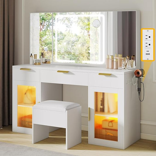 DWVO 56" Vanity Table Set with Tri-Fold Mirror & LED Lights, Makeup Vanity Desk with RGB Glass Cabinets, Storage Drawers, Shelves, Built-in Power Strip, Cushioned Stool for Dressing Room, White