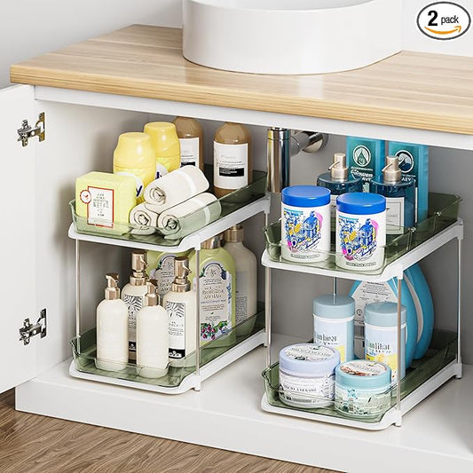 Delamu 2-Tier Multi-Purpose Bathroom Under Sink Organizers and Storage, Stackable Kitchen Pantry Organization, Pull Out Medicine Cabinet Organizer with Movable Dividers, Light Green, 2 Pack