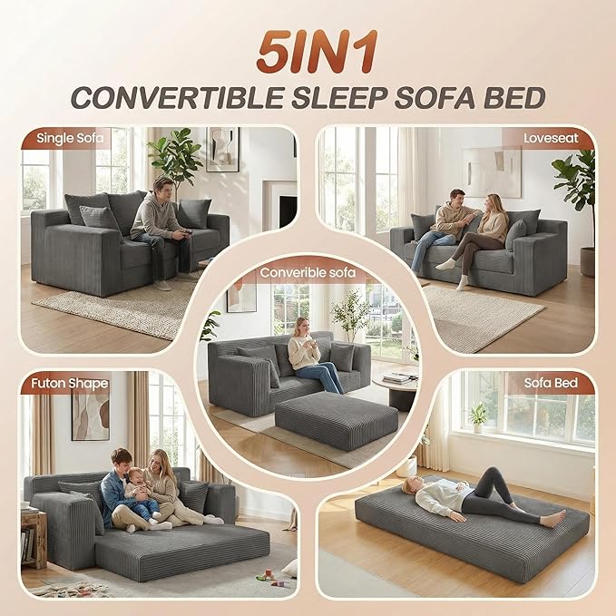 Convertible Sofa Bed, 5 in 1 Small Boneless Couch Pull Out Loveseat Sleeper Sofa,Corduroy Futon Couch Folding Mattress with 4 Pillows for Living Room Bedroom Lounge (No Assembly)