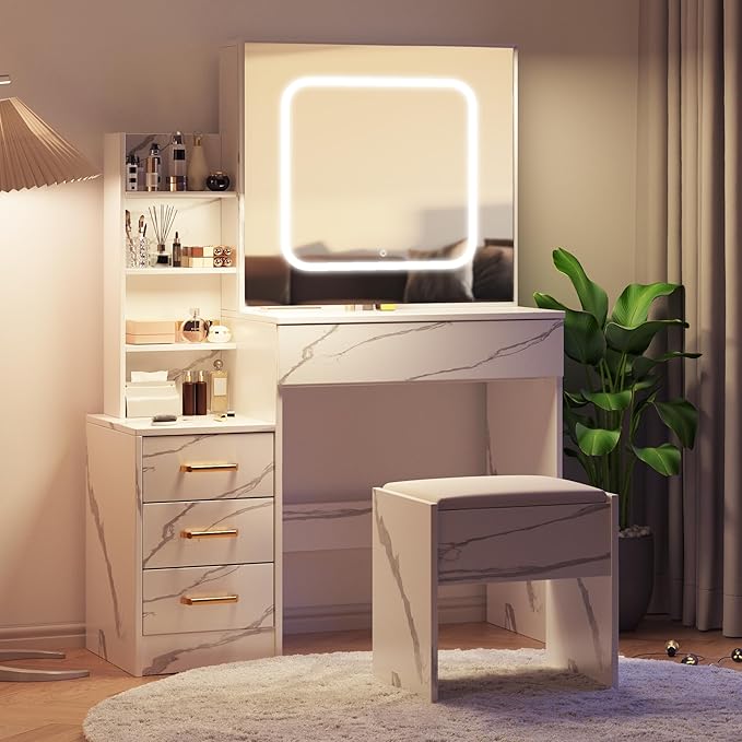 Vanity Desk with Sliding LED Mirror, Makeup Dressing Table with 4 Drawers, Storage Shelves, Power Outlet & Cushioned Stool, Adjustable 3 Lighting Modes, Modern Vanity Set for Bedroom, Marble White