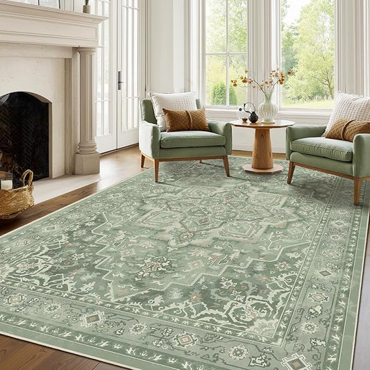 Sage Green Living Room Rug 6x9, Washable Non Slip Rug for Dining Room Under Table, Modern Vintage Medallion Low Pile Thin Carpet Rugs for Bedroom Den Home Office, Cozy Cottagecore Soft Green