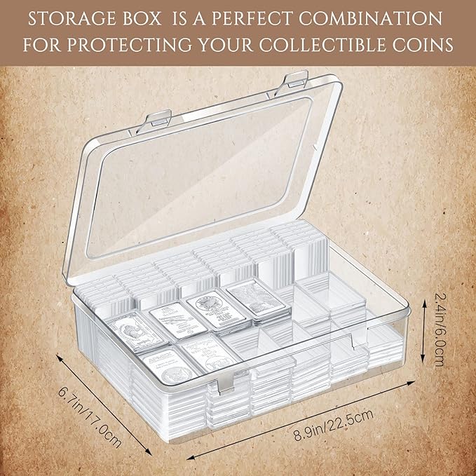 Batiyeer 100 Pcs 1 oz Silver Bar Case Holder Clear Acrylic Bar Capsule Storage Container for 1 Ounce Holder with Plastic Storage Box for Collectors Investors