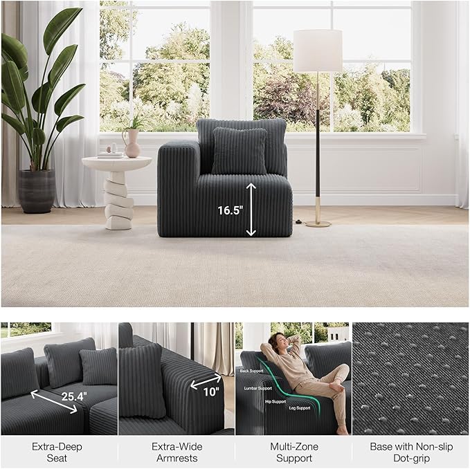 Novilla Modular Sectional Sofa, Modern Cloud Sectional Couch with Smarts Coil® Support, Upholstered Boneless Couch for Living Room Apartments Bedroom, No Assembly Required, Dark Gray (Left-Arm Chair)