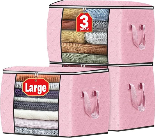 Fab totes 24 Gallons Clothes Storage, Foldable Thick Fabric Blanket Storage Bags, Containers for Organizing Bedroom, Closet, Clothing, Comforter, Organization with Handle (3 Pack,Pink)