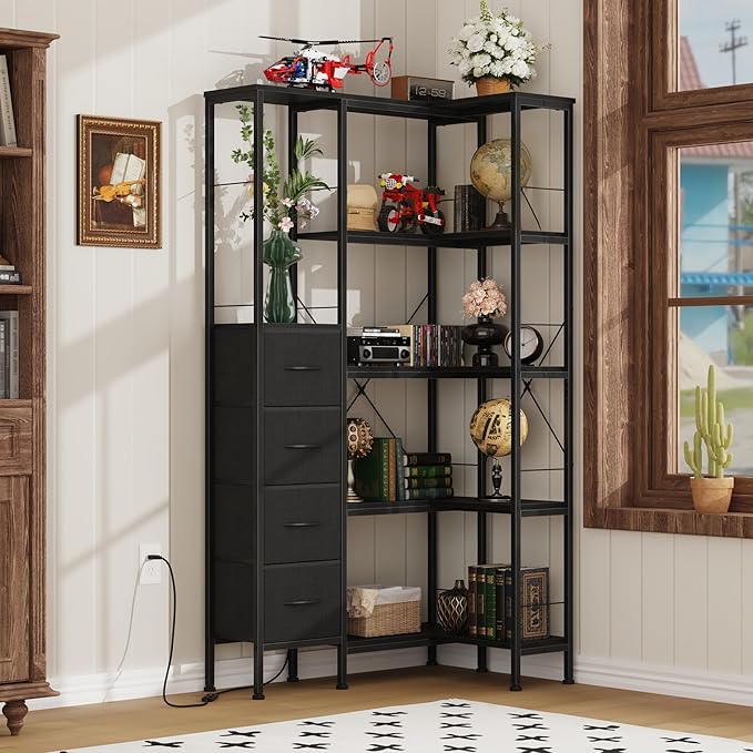 Corner Bookshelf with LED Light Strips & 4 Fabric Drawers, 5-Tier Convertible Corner Shelf with Display Shelf, Large Wood Industrial Bookcase for Living Room, Bedroom, Home Office, Black