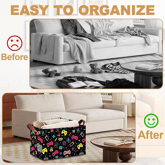 Decorative 32L Colorful Game Controller Storage Bins with Handles, Organization and Storage, Cube Storage Organizer for Hamper, Nursery