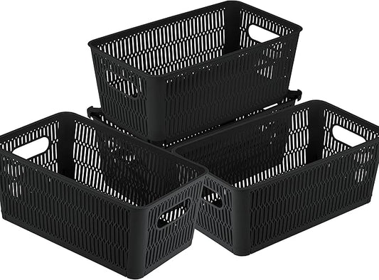Simplify 4Pk Small Slide 2 Stack It Tote Basket | Storage & Organization | Open Bins with Stackable Capability | Bathroom | Crafts | Pantry | Playroom | Office | Black (KIT-25934-BLACK-4PK)