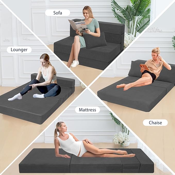 Sofa Bed Foldable Mattress ，Folding Sleeper Sofa Chair Bed Floor Mattress with Pillow for Living Room Home Office (Dark Gray -Corduroy, Twin)