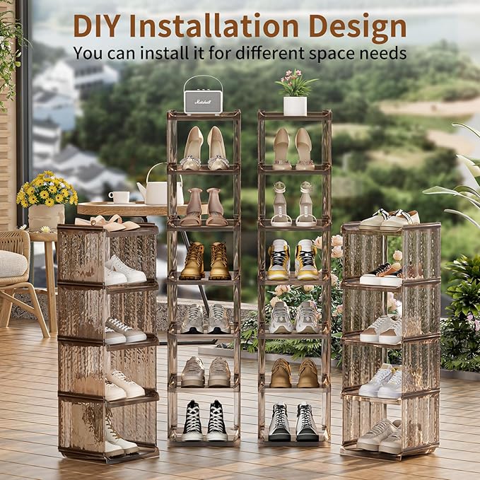 HAIXIN Vertical Shoe Rack for Closet, 5-Tier Modular Shoe Organizer for Front Door Entrance, Shoe Storage Cabinet, Narrow Stackable Shoe Stand Shelf Tower Space Saving for Entryway, Corner - Brown