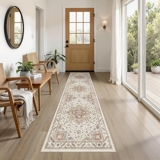 Vintage Hallway Runner Rug 2x8: Large Soft Washable Entryway for Kitchen Laundry Room Non-Slip Backing Runner for Entrance Living Room Bedroom Bathroom - Orange