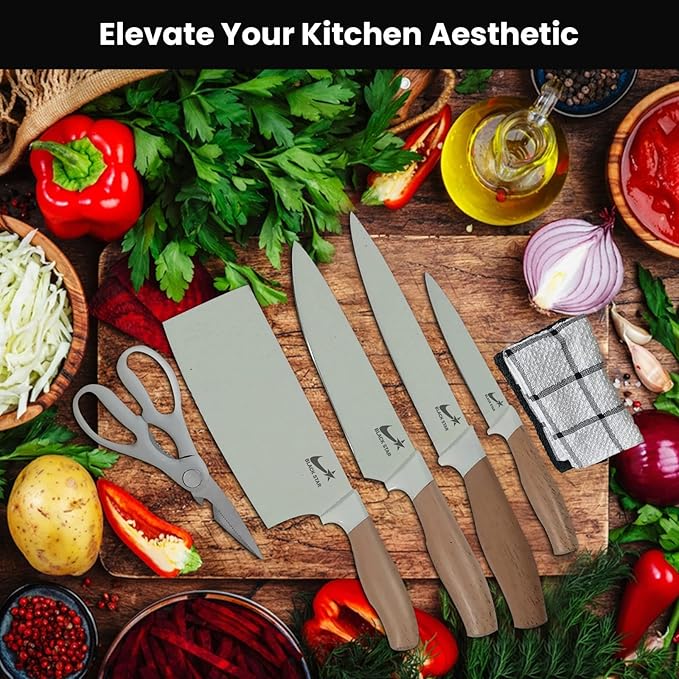 Knife Set, Black Star Brown Kitchen Knife Set, Knives Set for Kitchen, Universal Knife Block, New Home Essentials, Utility Knife Block Set, Dishwasher Safe, Apartment Essentials
