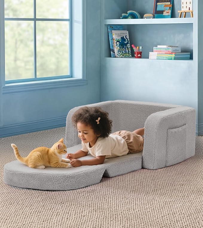 Kids Couch, 2-in-1 Soft Toddler Couch Fold Out with Blanket, Comfy Toddler Chair, Convertible Sofa, Gifts for Kids Girl Boys, Medium Grey Rainbow