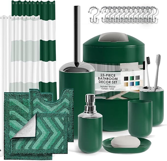 Clara Clark Bathroom Accessories Set - 23PC Shower Curtain Set with Bathroom Trash Can, Green Bathroom Set, Bathroom Sets with Shower Curtain and Green Rugs