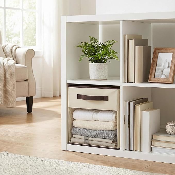 DECOMOMO Kallax Storage Cubes, 13x13x15 Storage Cube Bins with Window, Baskets for Organizing Shelves (Kallax / 4pcs, Beige)