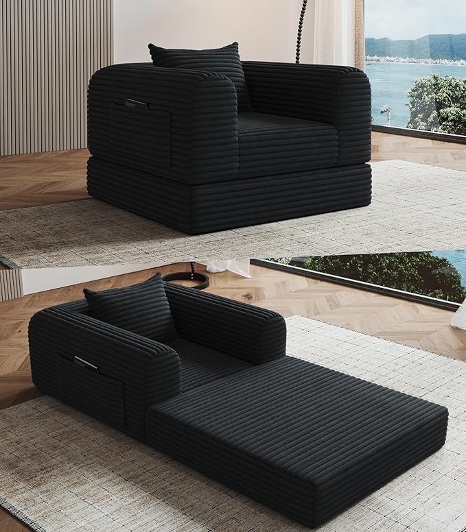 Versatile 2 In 1 Armchair Convertible Chaise Longue Small Couches Fomfy Bean Bag Chair for Small Spaces, Portable Chair Bed Comfy Floor Sofa Lounge Couch for Bedroom, Apartment, 1 Seater, Black