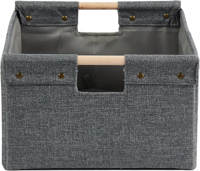 2PCS Storage Bins Cotton Linen Fabric Storage Boxes Basket with Wooden Handles Foldable Washable Decorative Shelf Container Clothes Organizer Home Laundry - Small Size, Gray