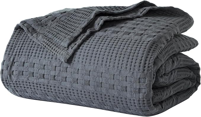 VHC Brands 100% Cotton Waffle Weave King Blanket 108"x90", Decorative Lightweight Spring and Summer Throw Blanket, Bedroom Decor for Bed, Couch, or Sofa, Dark Grey