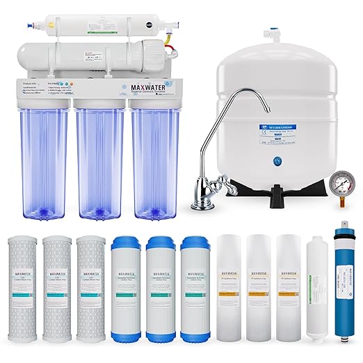 Max Water 5 Stage 100 GPD Reverse Osmosis Water Filtration System + Faucet-B + NSF Certified Tank + 7 Extra Replacement Filter Cartridges - Wall Mount/Under Sink RO System - Model: RO-5C6