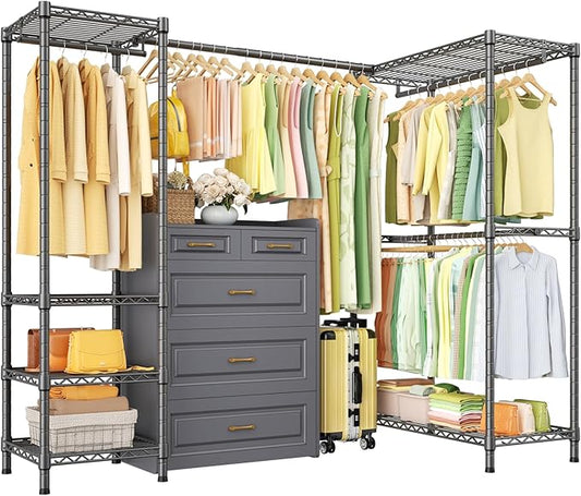 E10L L-Shaped Clothes Rack for Corner（With Expandable Hanger Rod）Heavy Duty Freestanding Clothing Racks for Hanging Clothes，Portable Garment Rack 58-82"W x 30"D x 72"H，Max Load 900LBS，Grey