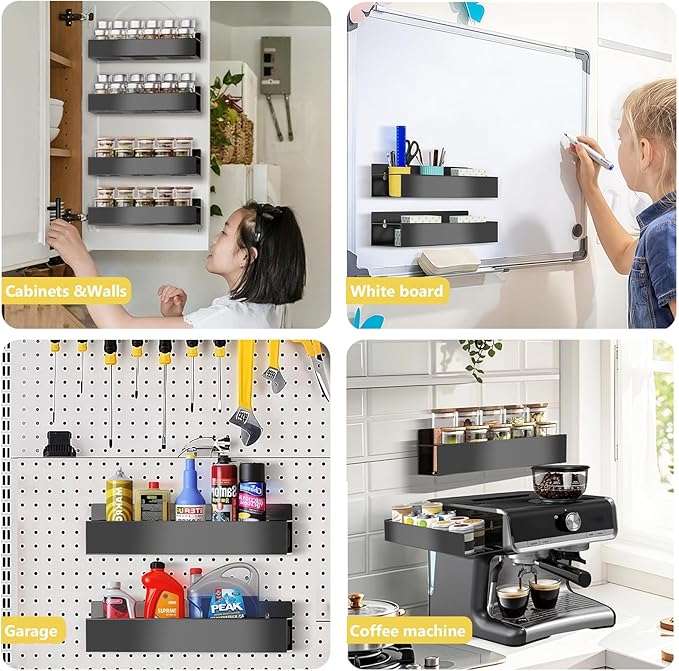 Magnetic Spice Rack for Refrigerator, 4 Pack Magnetic Shelf with 1 Hook Magnet Spice Storage Rack Seasoning Organizer with Screw for Oven Fridge (Black-5pack) (Black gun, 4Rack&1Hook)