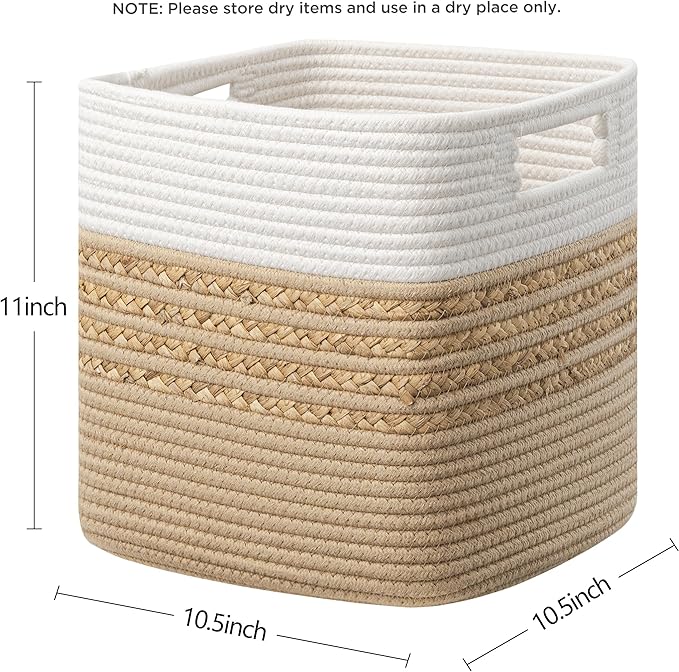 UBBCARE Set of 3 Storage Cubes 11 X 10.5 X 10.5 in, Water Hyacinth Storage Bins for Shelves, Toys, Book, Storage Baskets with Handles, Cotton Rope Woven Baskets for Organizing, Brown