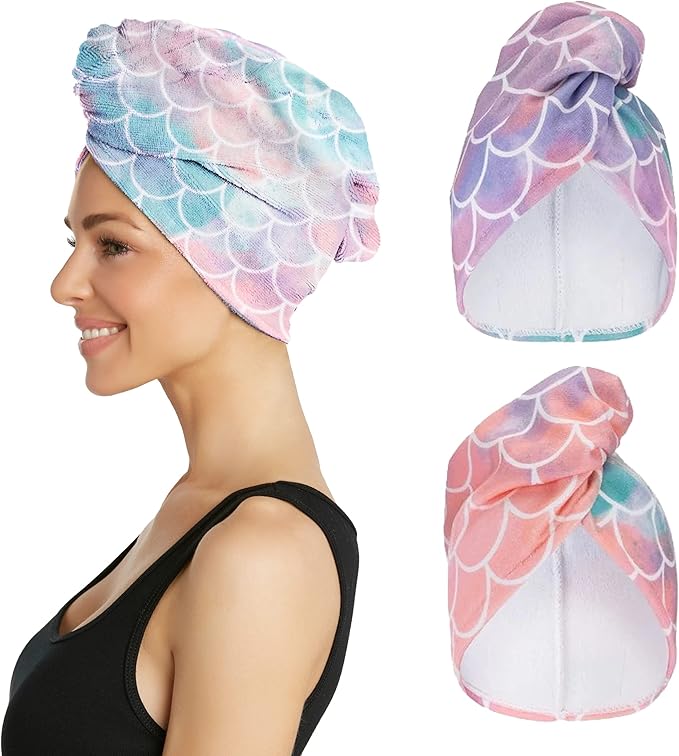Turbie Twist 2-Pack Microfiber Hair Towel for Beauty, Travel, Gifting - Hair Wrap Turban for Straight, Wavy & Curly Hair - Premium Personal Care - Mermaid
