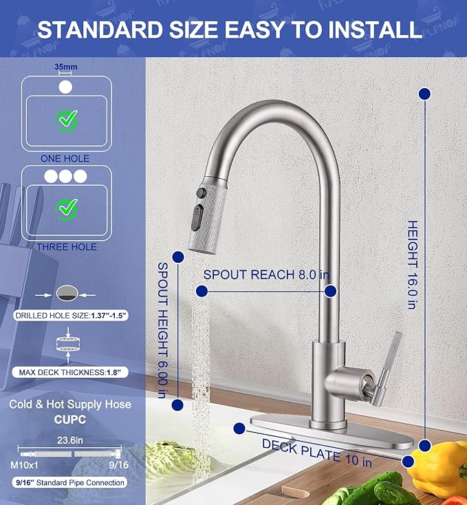 High Flow Kitchen Faucet 2.2 GPM, High Pressure Brushed Nickel Pull Down Sprayer, Stainless Steel Single Handle Sink Faucet for 1/3 Hole 10" Deck Plate