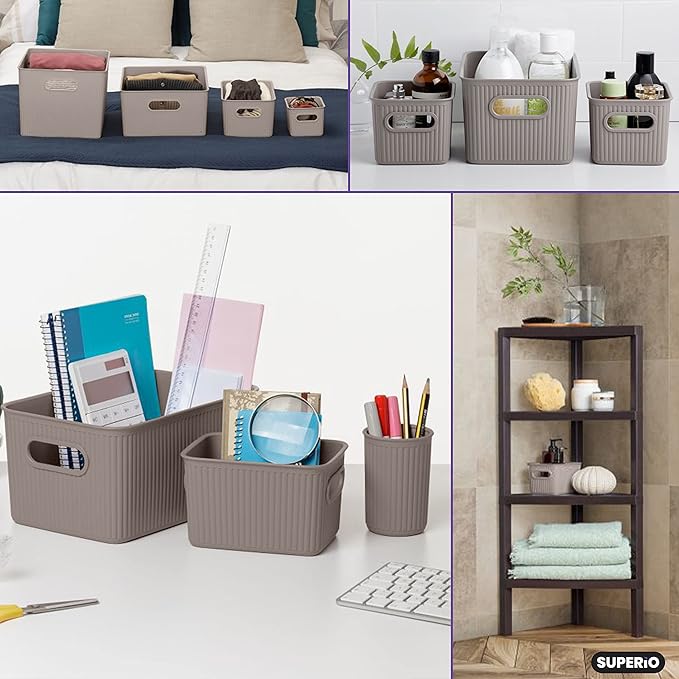 Decorative Plastic Basket Open Home Storage Bins Organizer Baskets, Small Taupe (6 Pack) Container Boxes for Organizing Closet Storage Bins for Shelves Drawer Shelf - Ribbed Collection 1.5 Liter