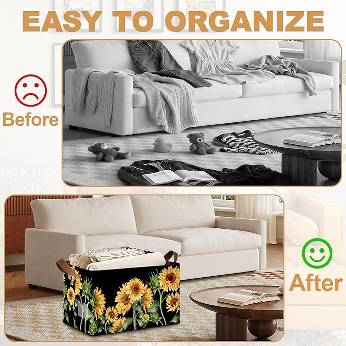 Storage Bin with Handles, Sunflowers Collapsible Laundry Baskets for Books, Laundry - Use in Nursery, Closet Organizers and Storage, Blanket Basket