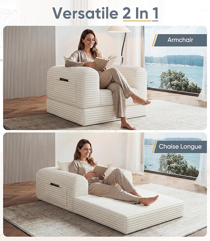 Versatile 2 In 1 Armchair Convertible Chaise Longue Small Couches Fomfy Bean Bag Chair for Small Spaces, Portable Chair Bed Comfy Floor Sofa Lounge Couch for Bedroom, Apartment, 1 Seater, Beige