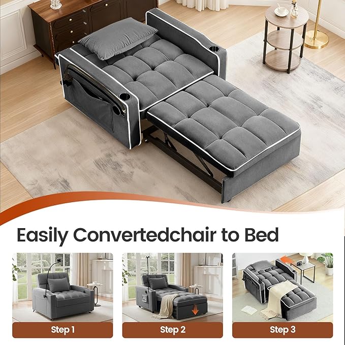 Convertible Sleeper Chair, Pull Out Chair Sleeper with Bracket and Cup Holder, Chairs Bed Sleepers for Adults, 3 in 1 Sofa Bed Chairs for Small Spaces, Living Room, Gray