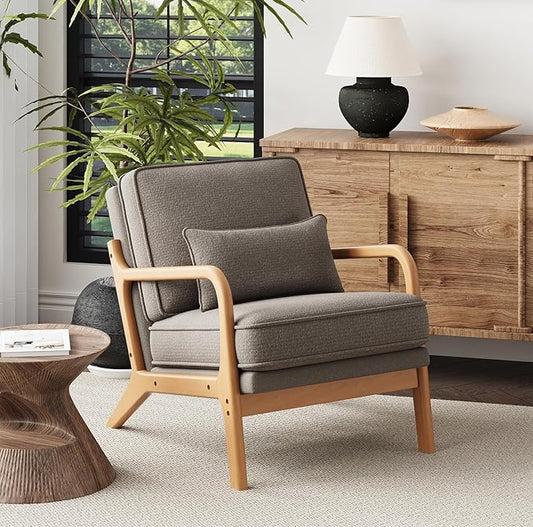 Accent Chair with Solid Wood Frame, Mid-Century Relaxing Armchair Lumbar Pillow& Soft Cushion, Reading Leisure Chair for Living Room, Bedroom, Waiting Room-Grey